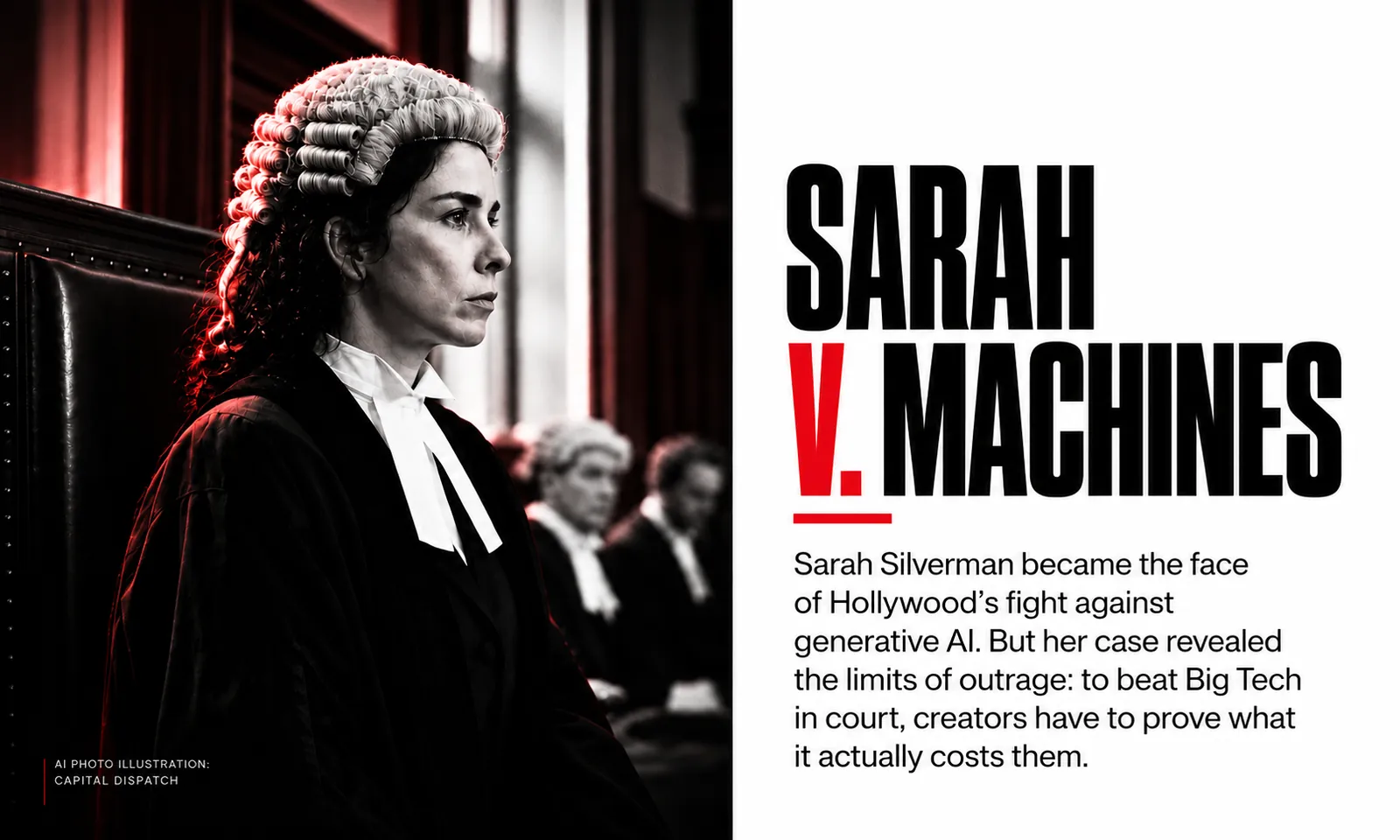 Sarah v. Machines: photo illustration of Sarah Silverman in a barrister’s wig and gown in a courtroom, beside the headline.